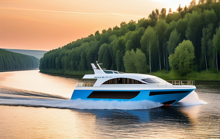 고속 해양 운송 기술 - **Prompt:** A sleek, modern Russian hydrofoil passenger vessel, similar to a "Valdai 45R" or "Meteor