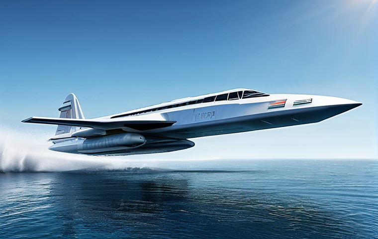 고속 해양 운송 기술 - 0," speeding across a wide, calm stretch of the Volga River. The vessel is designed with elegant, ae...