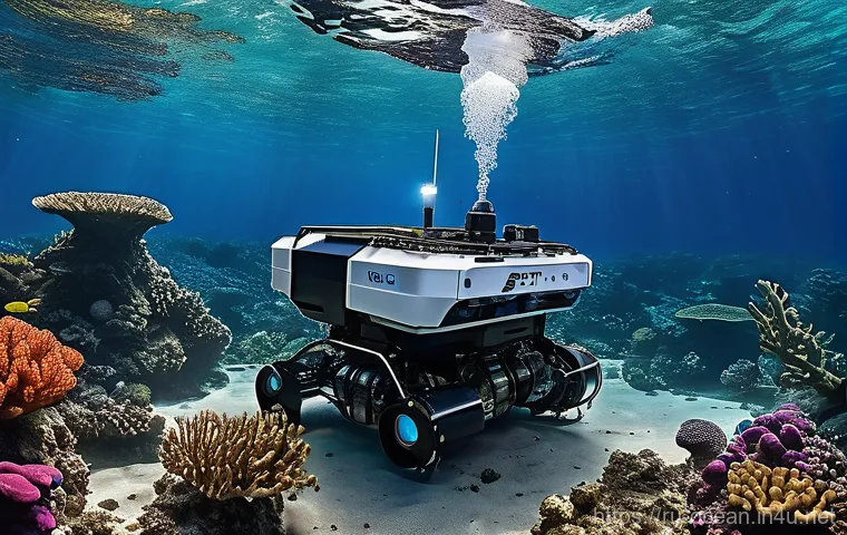 해양 로봇 비전 시스템 - **Prompt:** A highly advanced, compact underwater exploration robot, designed for extreme depths and...