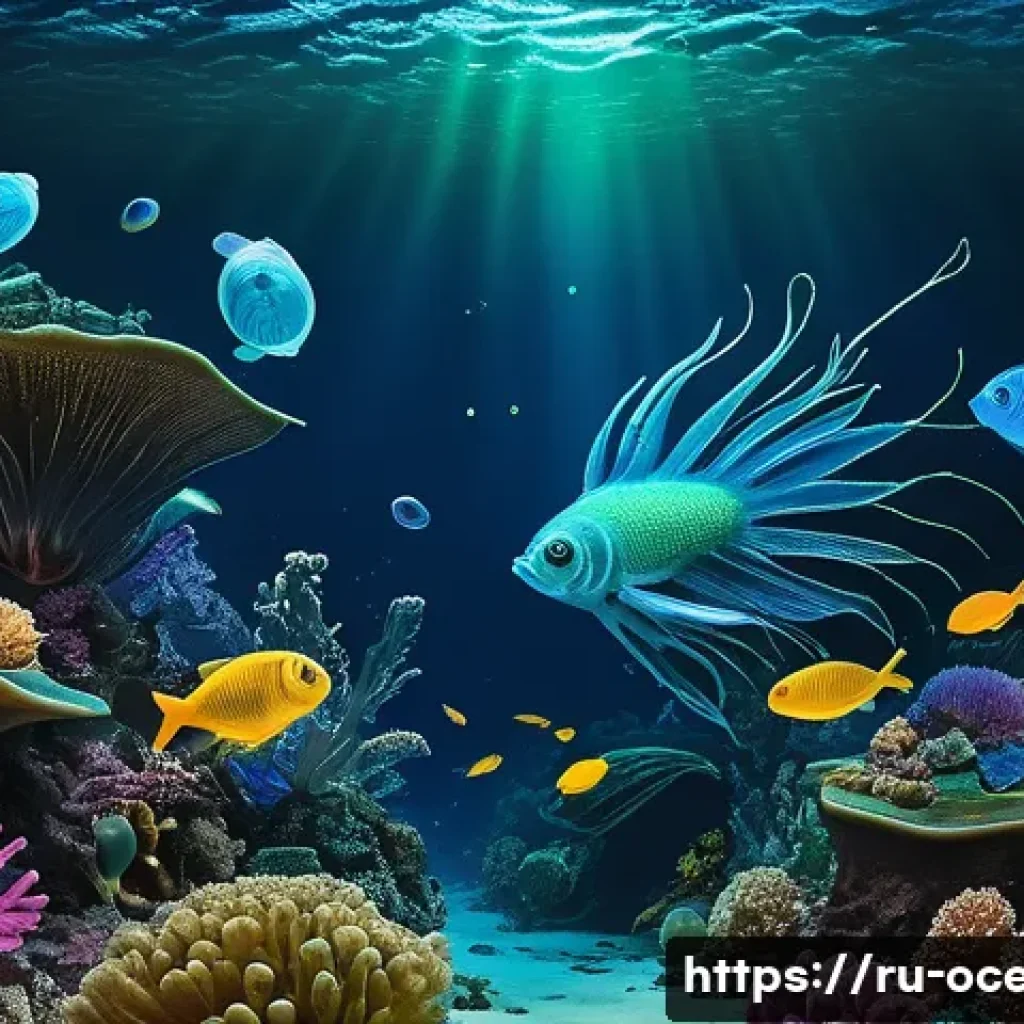 해양 생물학 - A vibrant deep-sea scene showcasing bioluminescent fish with glowing blue and green light organs ill...