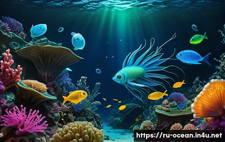 해양 생물학 - A vibrant deep-sea scene showcasing bioluminescent fish with glowing blue and green light organs ill...