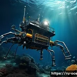 심해 광물 자원 - A highly detailed underwater scene showcasing advanced robotic mining equipment operating on the dee...