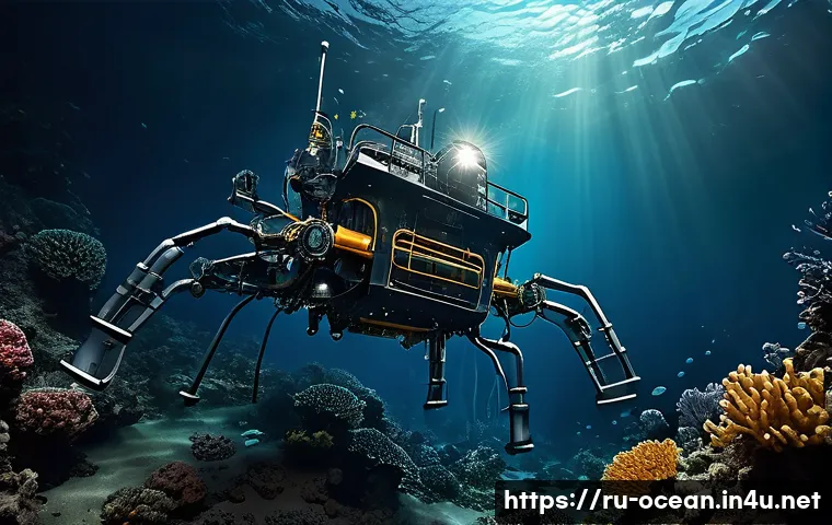 심해 광물 자원 - A highly detailed underwater scene showcasing advanced robotic mining equipment operating on the dee...