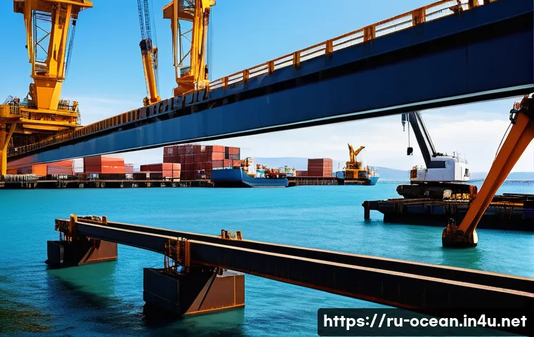 해양 구조물 내구성 기술 - A highly detailed offshore marine construction site showcasing modern composite materials used in th...