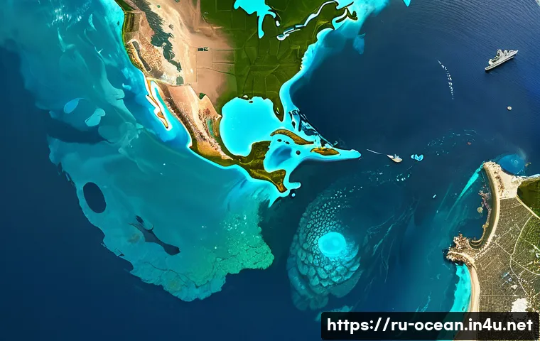 해양 환경 오염 모니터링 - A high-tech satellite view of the ocean surface showing vibrant colors indicating pollution zones, w...