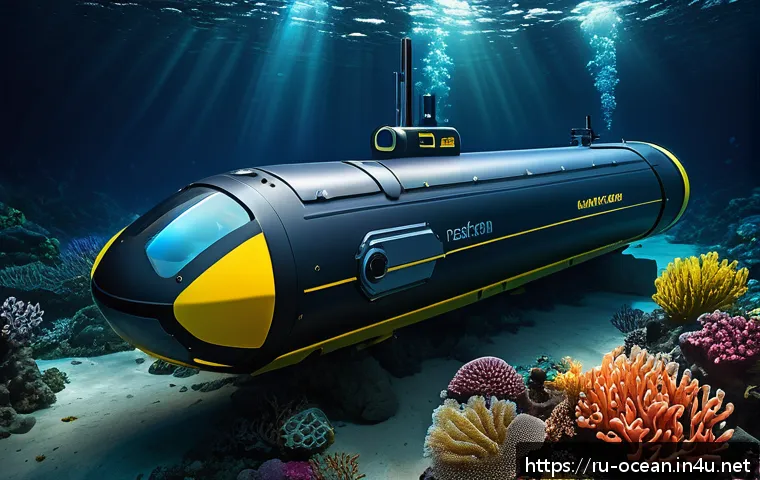 해양 환경 데이터 수집 기술 - A highly detailed scene of an autonomous underwater vehicle (AUV) exploring a deep ocean environment...