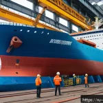 해양기술 정부 정책 - A modern Russian shipyard scene showcasing engineers and workers assembling a large icebreaker vesse...
