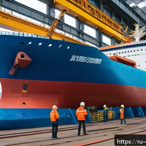 해양기술 정부 정책 - A modern Russian shipyard scene showcasing engineers and workers assembling a large icebreaker vesse...