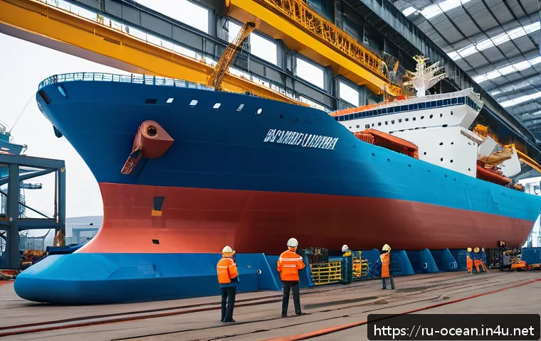 해양기술 정부 정책 - A modern Russian shipyard scene showcasing engineers and workers assembling a large icebreaker vesse...