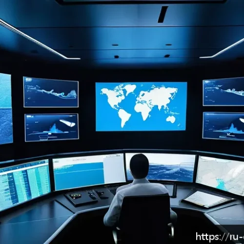 해양 클라우드 서비스 - A high-tech maritime control room with multiple large digital screens showing real-time ship positio...