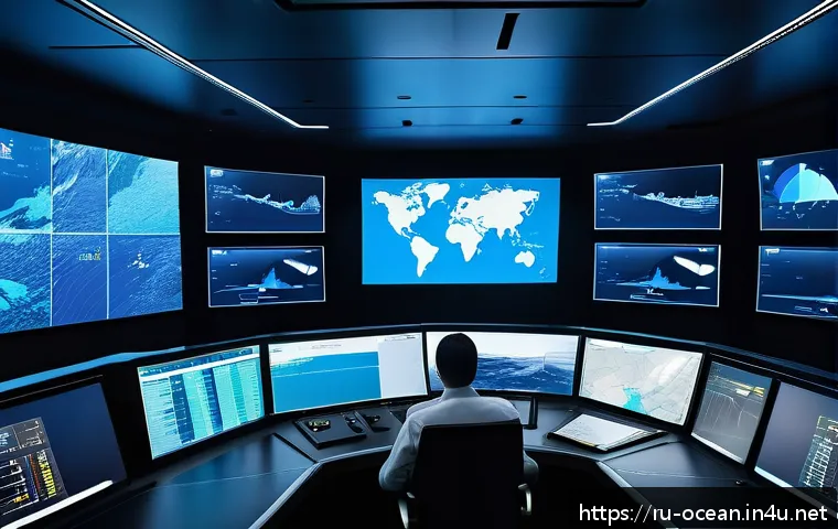 해양 클라우드 서비스 - A high-tech maritime control room with multiple large digital screens showing real-time ship positio...