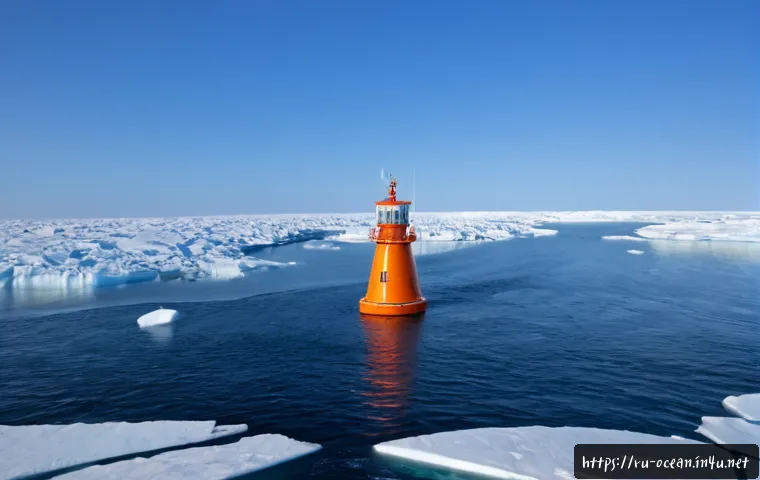 Home 17 해양 기후 변화 대응 기술 - Photorealistic wide coastal research scene in the Russian Arctic, a sturdy ocean monitoring buoy wit...