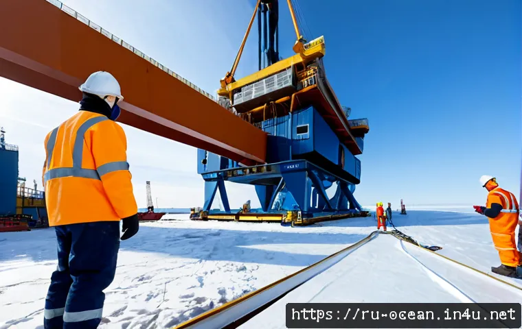 해양 구조물 건설 기술 - Photorealistic wide-angle view of a modern offshore platform under construction in a Russian Arctic ...