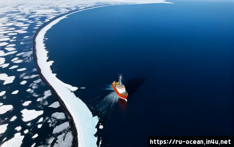 해양 리모트 센싱 기술 - Photorealistic aerial view of a Russian Arctic coastline near Murmansk, deep blue sea with drifting ...